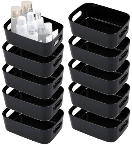 SHEPIN 10 Pezzi Scatola di Conservazione in Plastica, Organizer Nero con Maniglia, Contenitori per il Bagno, Scatola di Conservazione in Plastica e Contenitore in Plastica per il Bagno, Cestino per il