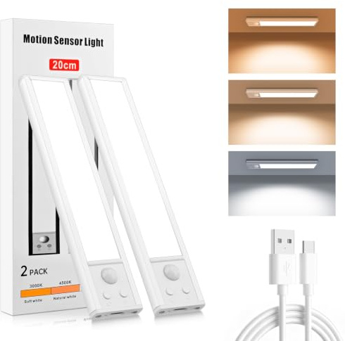 Oumida Luces Led Cocina Recargables Bajo Gabinete con Sensor,2 Pack Iluminación Bajo Gabinete de 3 models,USB C carga,Luz Inalámbrica Magnética para Interiores Estantería, Armario de Escaleras (20CM)