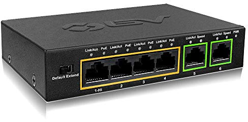BV-Tech 6 Port PoE+ Switch (4 PoE+ Ports with 2 Ethernet Uplink and Extend Function) – 60W – 802.3at + 1 High Power PoE Port| Desktop Fanless Design | Sturdy Metal Housing