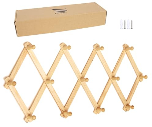 AMAPON Accordion Style Expandable Wall Wooden Coat Rack 13 Hooks (Pegs) Hang Hats Jackets Coffee Mug Purses Necklaces Towels Cap Leash Scarves Data Line Kitchenware