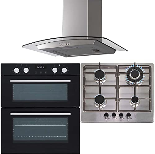 SIA 60cm Built-under Double Oven, Stainless Steel 4 Burner Gas Hob & Cooker Hood