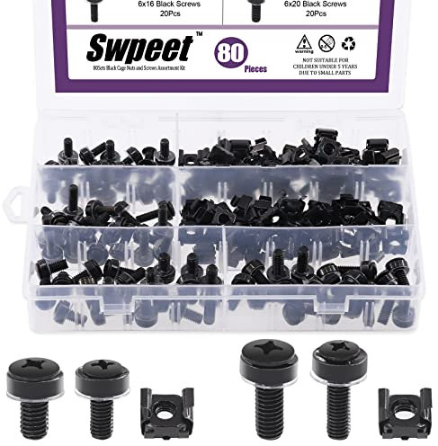 Sweet Lot de 80 écrous et vis de cage M5 M6 4 tailles noires avec rondelles en métal et plastique, kit d'assortiment de matériel à trou carré