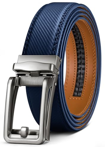 KEMISANT Cintura Uomo,Cintura Pelle a Cricchetto con Fibbia Automatica Per Uomo,Vestito Casual,Pantaloni,Jeans,Taglio Per Vestibilità,Blu Navy2691,120cm/34-40vita regolabile