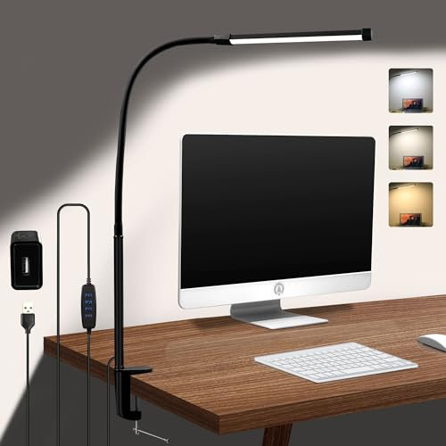 CUHIOY Desk Lamp with Clamp, Eye-Caring LED Desk Lights, 3 Colors 10 Brightness, Flexible Gooseneck Clip on Table Lamp for Homeoffice, Reading, Nail, Craft, Architect, Extra Long USB Cable & 1 Adapter