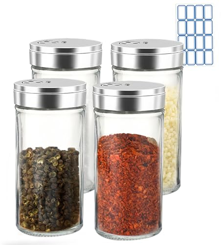 Realand Lot de 4 salières et poivrières avec trous de versement réglables, salière en verre avec couvercles en acier inoxydable, salière blanche et noire pour assaisonnement