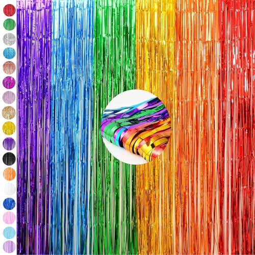 Rainbow Tinsel Curtain Party Backdrop,2pcs 3.2ft x 6.5ft Foil Curtain Decor,Rainbow Foil Fringe Streamers Metallic Tinsel Door Hanging Foil Flow Silk Streamers for Birthday Wedding Holiday Party
