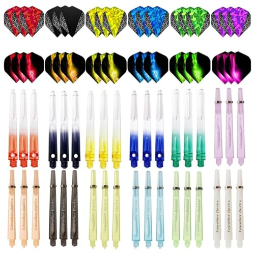 BIPY 72PCS Dart Shafts and Flights Set in 15Pcs Gradient Color Crystal Clear Dart Stems 21Pcs Colorful transparent frosted Dart Shafts and 36Pcs 2D Dart Flight Plastic Dart Accessories Kit