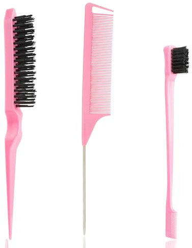 3 Stück Sleek Bun Bürste Set,Toupierbürste,Kleine Sleek Bürste,Bürste Sleek Look,Sleek Kamm,Sleek Bun Bürste Und Kamm,Teasing Hair Brush,Hair Brush For Slicking Back Hair,Schwanzkämme Set,Rosa