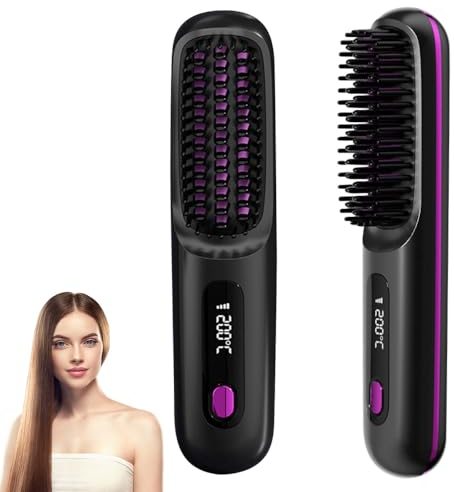 HIULLEN Glättbürste Kabellos, Haarglätter Bürste, Mini Glätteisen Tragbare Glättungsbürste Wiederaufladbare 160-200℃ Schnelles Aufheizen 3 Ebenen Einstellbar Temperatur Haarglätterbürste für Reise