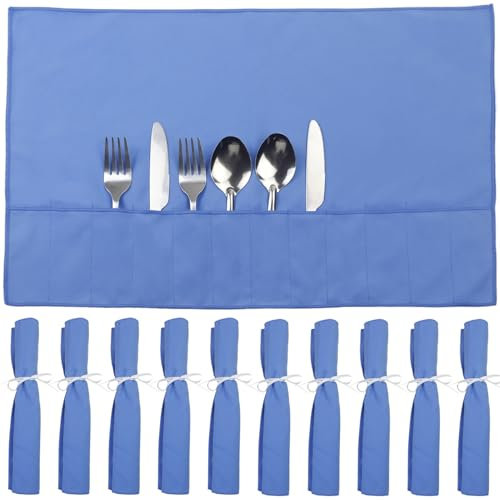 ZEDAOTC 10 Pcs Silverware Organizer,Silver Storage Cloth Felt Flatware Organizer, Silver Protector Bags, Place Setting Roll with Stylish White Ribbon for All Kitchen Cutlery Utensil