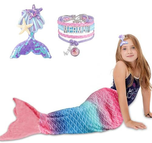 RDDAIPE Coperto e Coda di Sirena, Flanella Indossabile per Ragazze Bambini, Braccialetto a Forcina Paillettes, Regalo Natale e Compleanno