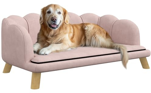 PawHut Divano per Cani, Rivestimento Lavabile, Divano per Animali Domestici con Schienale e Gambe in Legno, Divano per Gatti, per Cani di Taglia Media sotto i 25 kg, Rosa