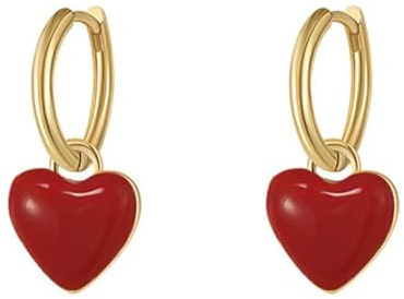 IMINI Boucles d'Oreilles Créoles Pendantes En Forme De Cœur Rouge Pour Femmes Et Filles Créoles En Émail Plaqué Or 14 Carats Bijoux Hypoallergéniques Cadeaux Pour Anniversaire Saint-Valentin Noël