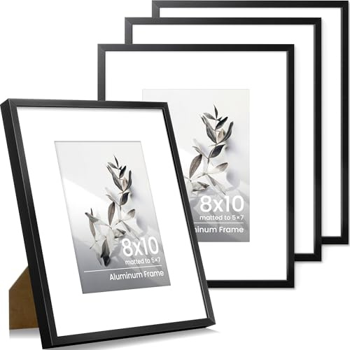 8x10 Picture Frame, Metal 8x10in Black Photo Frame, 8x10 Picture Frame with Mount for 5x7in Display Tempered Real Glass Tabletop & Wall Mounting Display Poster Frame for Home & Wall Decor, 4 Packs