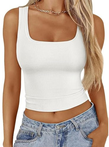 Women's Sleeveless Scoop Neck Ribbed Tank Tops Workout Crop Tops Slim Fitted Basic Cami Tee Shirts Aesthetic Vest Tops Streetwear