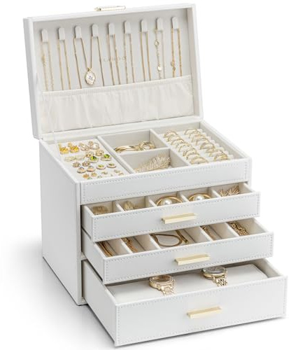 Vlando Boîte à bijoux moderne grande, boîte à bijoux avec 4 niveaux, boîte à bijoux pour femme, pour boucles d'oreilles, bagues, rangement de bijoux, avec tiroirs, miroir, coussin pour montres, cadeau