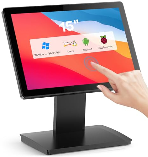 NewHail Monitor POS con pantalla táctil de 15 pulgadas, pantalla capacitiva HDMI/VGA con soporte de metal resistente para minoristas, restaurantes, bares, gimnasio, almacén y sistemas POS
