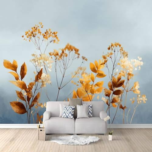 Panoramic Photo Wallpaper 138 x 101 inch (W x H), Abstract Watercolor Leaves Custom Wall Wall Mural – Light Gray Eco-Friendly Photo Wallpaper for Bedroom Decoration