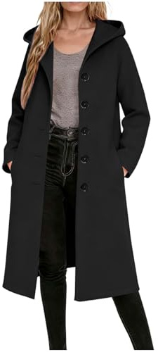 Dyhxuan Manteau en laine pour femme avec capuche - Long - Trench - Boutons - Couleur unie - Manteau d'hiver élégant, Noir , XL