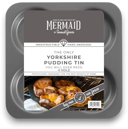 Mermaid Hard-Anodised 4-Cup Yorkshire Pudding Tray - Professional Non-Stick Baking Pan for Giant Yorkshires, Tartlets & Roast Dinner – UK Made by Samuel Groves - The Oldest UK Cookware Brand (4 Cup)