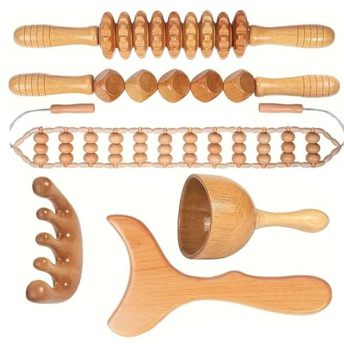6-i-1 maderoterapi-set, massageapparat för träterapi, fasciarulle, massagerulle, massagerullerygg, stresslindring och avkoppling, för kroppsformning, lymfdränering, anti-celluliter