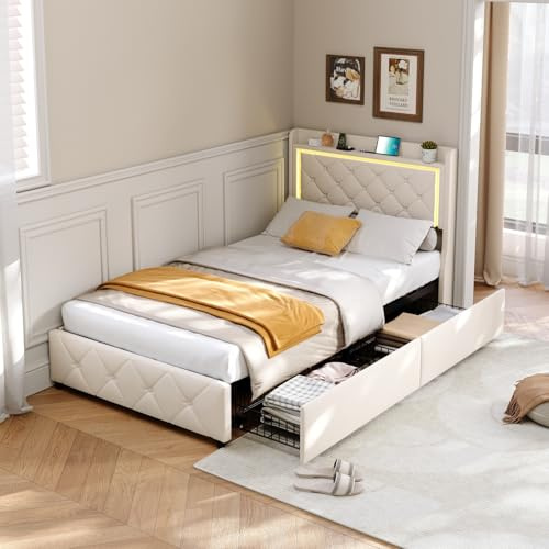 Förvaringssäng 140 x 200 cm med 4 lådor, dubbelsäng med LED-sänggavel och lastpelare, funktionell säng, förvaringssängar med ribbotten, ungdomssäng, sängram, sammet, vitrosa (beige, 90 x 200 cm)
