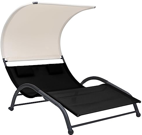 Nqyjm Bagno di Sole, Sedia a sdraio Doppia con Tenda in textilene Nero Lettino da Spiaggia Relax Outdoor per Giardino, Terrazza, Balcone, Campeggio