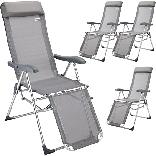 Casaria® Gartenstuhl mit Fußteil 4er Set 7fach Verstellbar Liegefunktion Alu Faltbar Klappbar Hohe Rückenlehne Campingstuhl Klappstuhl Hochlehner Grau