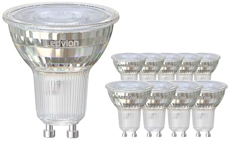 Ledvion - 10X Spot LED GU10, Regulable, 5W, 2700K, 345 Lúmenes, Vidrio Completo