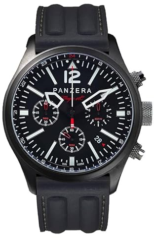 Panzera Flieger 46 Chronograph Quarz Stahl IP Schwarz Silikon Pilot Datum Herren Uhr