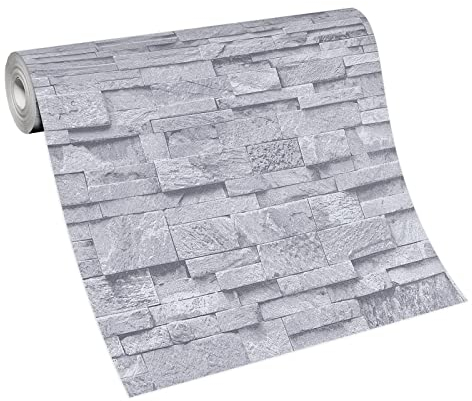BRICOFLOR Bruchstein Tapete in Hellgrau | Papier Steintapete grau ideal für Flur und Wohnzimmer | Moderne Papiertapete in Naturstein Optik für Küche und Diele