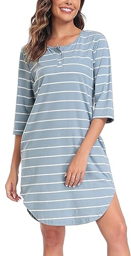 Vlazom Chemise de Nuit Femme Rayé, 3/4 Manches Longues en Coton, Boutonnée Devant, Doux Tee Shirt de Nuit