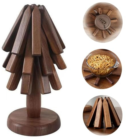 Holzuntersetzer für heiße Gerichte, schwarze Walnussholz, magnetischer Untersetzer, Walnussbaum-Tischmatten-Set, Set mit 3 natürlichen faltbaren Holz-Baumuntersetzern, für heiße