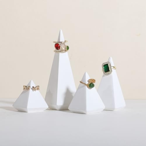 GemeShou 4 espos. anelli gioielli bianchi vend., porta-anelli conico gesso, org. cons. anelli gioielli, dec. perf. stanza att. online【Piramide gesso4 pezzi】