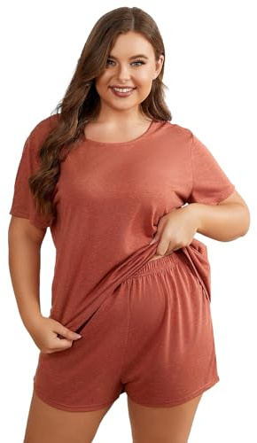 Jamron Donna Taglie Forti 2 Pezzi Pigiama Set Maglietta Maniche Corte e Pantaloncini Estate Pigiama da Notte Loungewear Rosso 5XL