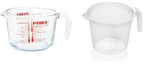 Pyrex Glass Measuring Jug, Transparent, 1 Litre & Addis 518007 Measuring and Mixing Jug with Handle, Transparent, 2 L