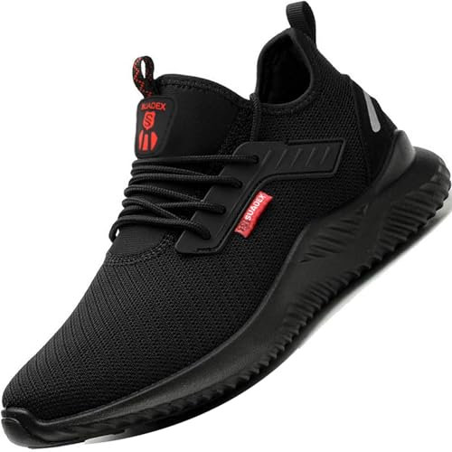 Sicherheitsschuhe Herren Arbeitsschuhe Damen Leicht Atmungsaktiv Stahlkappenschuhe Unisex Sneaker mit Stahlkappe Schwarz 42EU