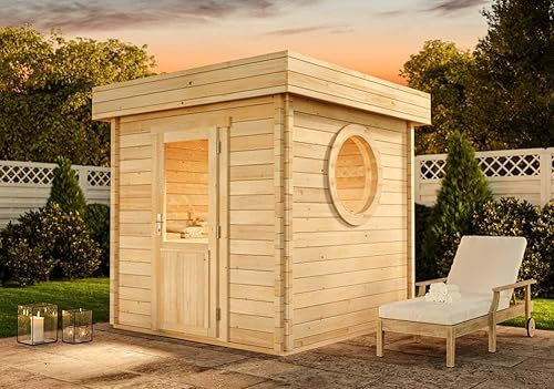 FinnTherm Comfort Set Saunahaus Cubus Gartensauna 3 Sitzbänke aus Holz, Sauna mit 70 mm Wandstärke, Außensauna mit Montagematerial