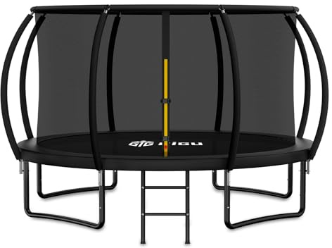 Gigu 12ft Home Trampoline - T-Socket Reinforced Frame, Double Zipper Entry, Ladder Included, Outdoor Specific Yard for Adults Kids