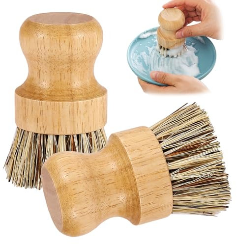 Lot de 2 brosses à vaisselle rondes en bambou naturel avec fibre Union et fibre Tampico pour nettoyer les pots, poêles et légumes (A, L)