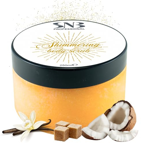 SNB Professional glittrande kroppsskrubb med socker, vanilj och kokosdoft, 250 ml – fuktgivande peeling med naturliga oljor – mild exfoliering för smidig hud