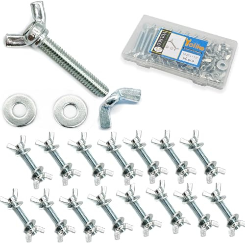 Yoliko 15 Sets (60 Pcs Total) Silver Zinc Coated 1/4-20 x 1-1/2 Wing Screw Bolts Wing Nuts and Flat Washers Kit Hand Twist Tighten Wing Head Butterfly Screws and Nut Fasteners Assorted Kit