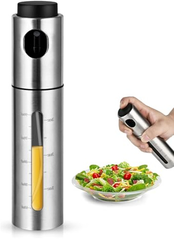 FENGHUTING 100ml Stainless Steel Olive Oil Sprayer, Multi-Purpose for Cooking, Salads, BBQs, Air Fryers. One-Handed Use. Suitable for Oils, Vinegar, Soy Sauce. Features a Content Window.