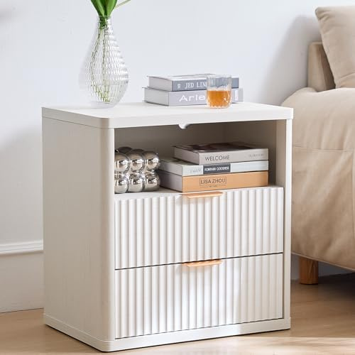 LELELINKY 23 Fluted Nightstand, Wide 2 Drawers End Table,Natural Night Stand with Open Storage Cabinet, Farmhouse Bed Side Tables, Wood Dresser for Bedroom, Living Room, Closet white
