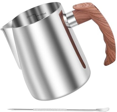 Bricco per latte in acciaio inox, da 600 ml, con misurazione Mark e Latte Art Pen, manico ergonomico, accessorio barista, perfetto per caffè, ristoranti, bar (argento)