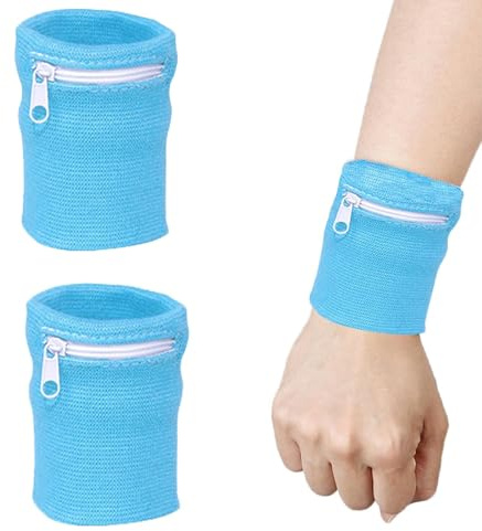 JEYORZY 2 Stück Schweißband mit Reißverschluss, Sport Wristband Handgelenktasche mit Praktischer Reißverschlusstasche, Baumwoll Schweißband Arm für Jogging Basketball und Tennis Sport, Himmelblau