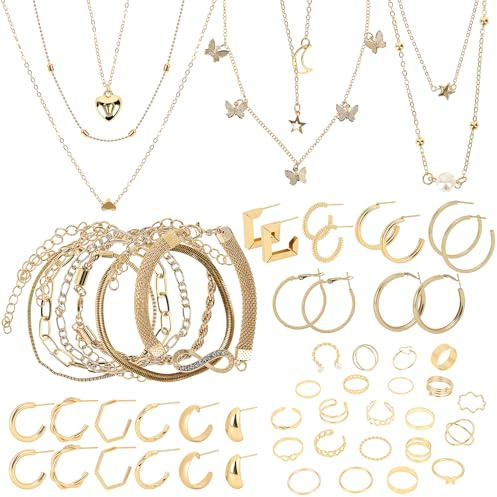 MOTIBACK Ensemble de 46 pièces de bijoux en or pour femmes avec 6 colliers et bracelets, 22 bagues à levier et 12 paires d'oreilles dorées - accessoires de bijouterie