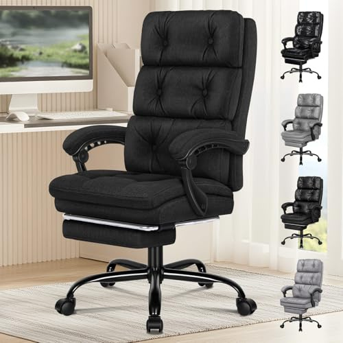 ALFORDSON Chaise de bureau pivotante à double couche avec inclinaison à 150° et rotation à 360 °, avec dossier haut, pour la maison et le travail, avec repose-pieds, en lin, noire