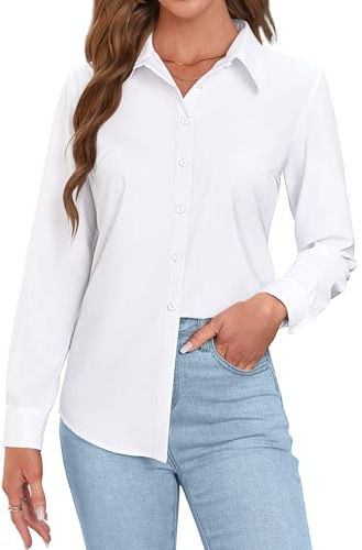 Rapbin Blusas para mujer de manga larga del Reino Unido, blusa de vestir con botones, blusa sin arrugas, para ejecutivo, oficina, trabajo, negocios, informales, blanco, M