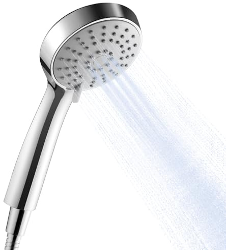 OFFO Pommeau de Douche avec Tuyau de 1,6m, Pomme de Douche à Main à 3 Modes, Pomme Douche Ronde, Pommeau de Douche Economie deau, Douchette avec Flexible pour Salle de Bain, Chrome